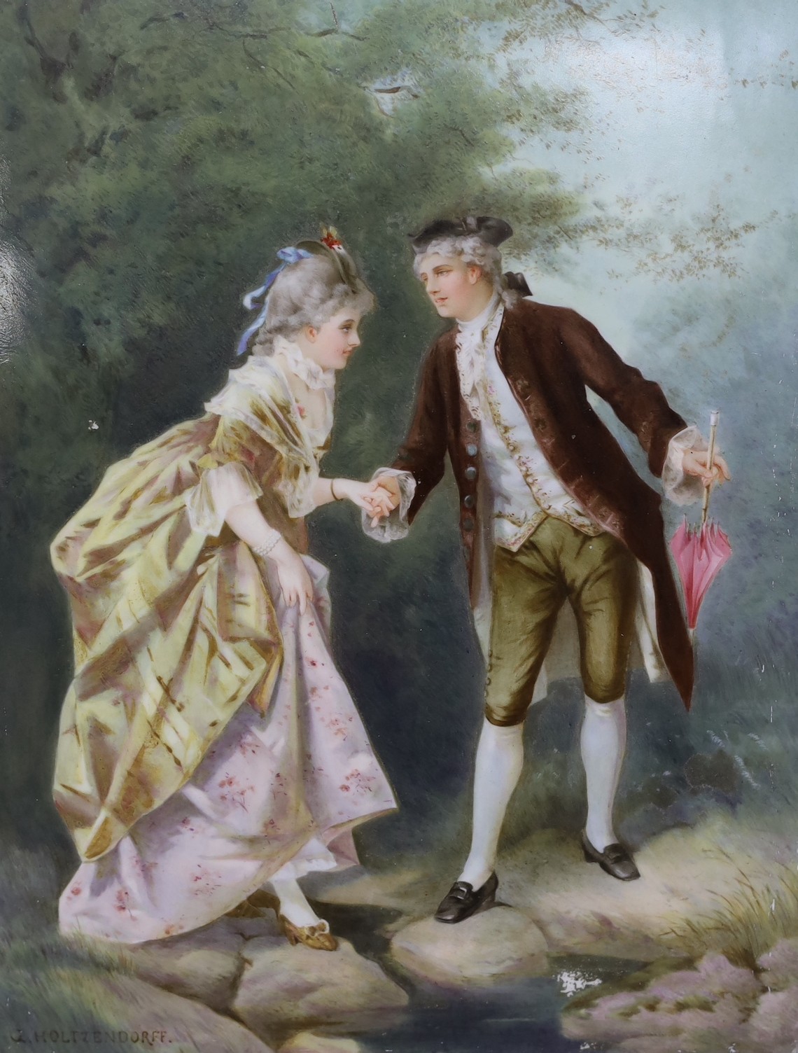 A Continental porcelain plaque depicting Otto Eduard Erdmann’s courting scene ‘The Romantic Stroll’, in white frame. 26 x 19cm